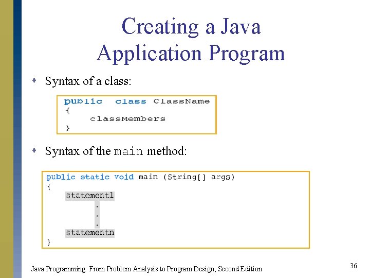 Creating a Java Application Program s Syntax of a class: s Syntax of the Creating a Java Application Program s Syntax of a class: s Syntax of the