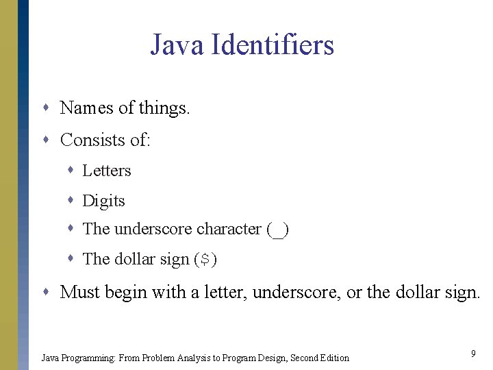 Java Identifiers s Names of things. s Consists of: s Letters s Digits s Java Identifiers s Names of things. s Consists of: s Letters s Digits s