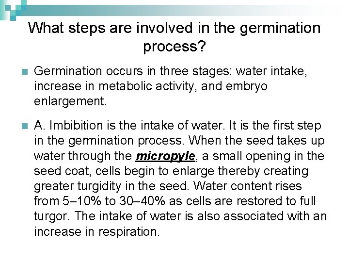 What steps are involved in the germination process? n Germination occurs in three stages: