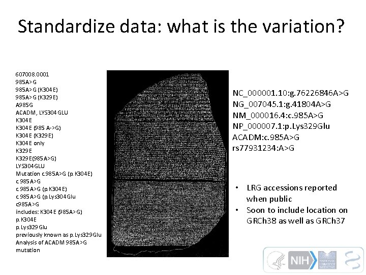 Standardize data: what is the variation? 607008. 0001 985 A>G (K 304 E) 985