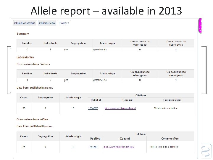 Allele report – available in 2013 