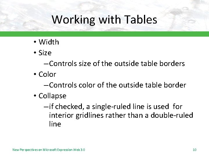 Working with Tables • Width • Size – Controls size of the outside table