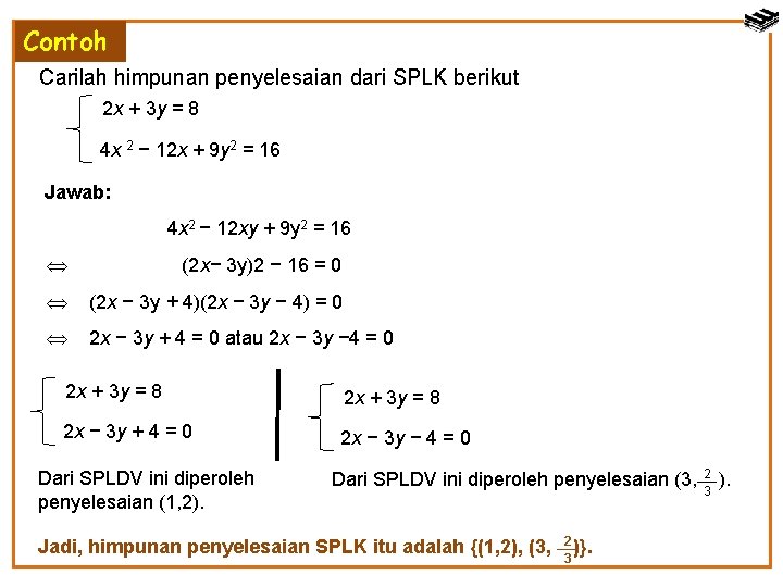 Contoh Carilah himpunan penyelesaian dari SPLK berikut 2 x + 3 y = 8