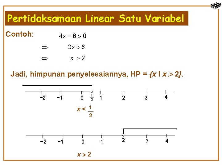 Pertidaksamaan Linear Satu Variabel Contoh: 4 x − 6 0 Û 3 x 6