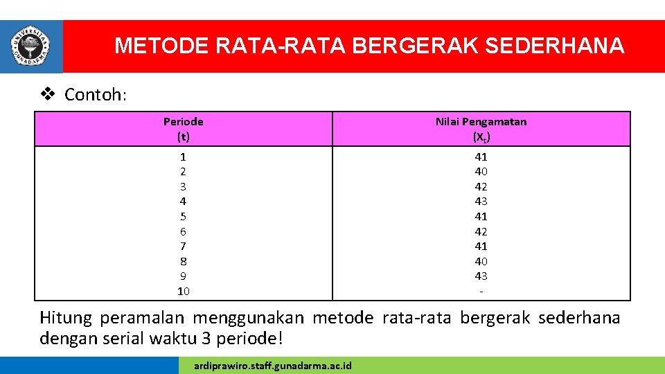 METODE RATA-RATA BERGERAK SEDERHANA v Contoh: Periode (t) Nilai Pengamatan (Xt) 1 2 3