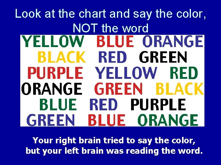 Look at the chart and say the color, NOT the word Your right brain