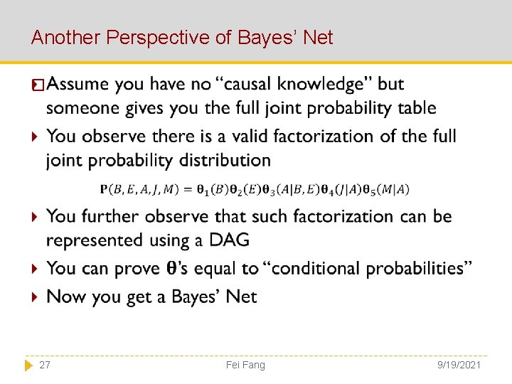Another Perspective of Bayes’ Net � 27 Fei Fang 9/19/2021 