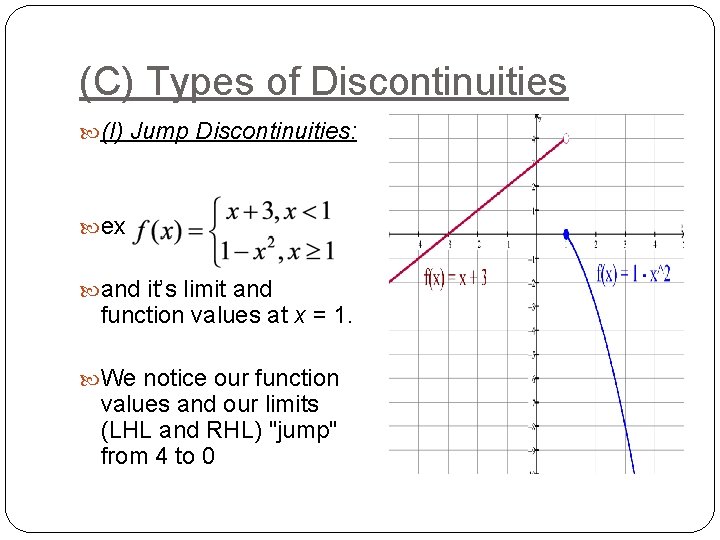 (C) Types of Discontinuities (I) Jump Discontinuities: ex and it’s limit and function values