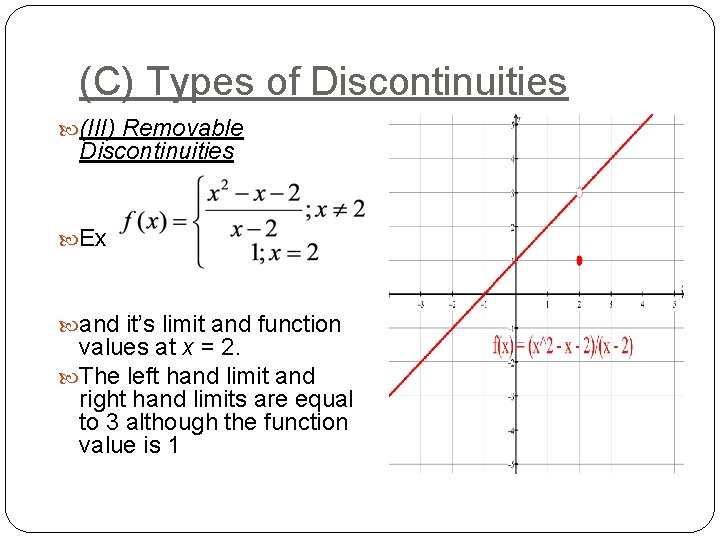 (C) Types of Discontinuities (III) Removable Discontinuities Ex and it’s limit and function values