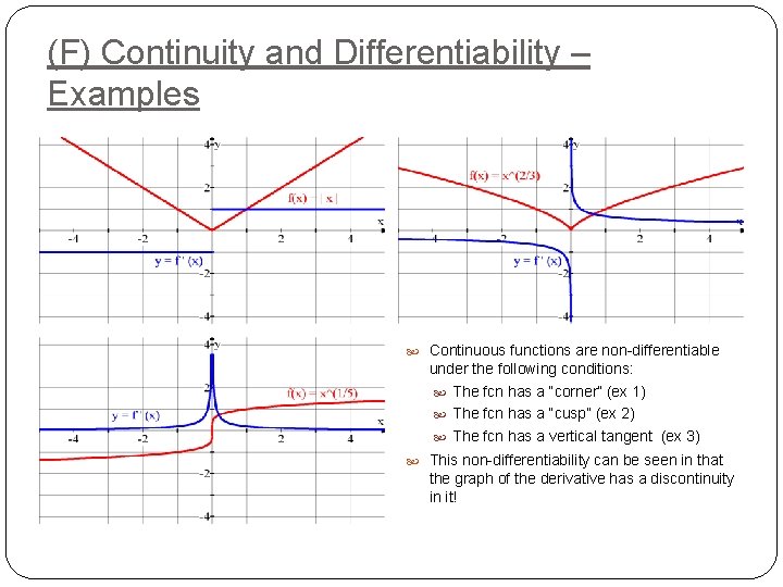 (F) Continuity and Differentiability – Examples Continuous functions are non-differentiable under the following conditions: