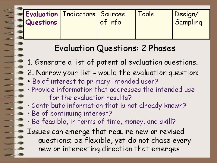 Evaluation Indicators Sources Questions of info Tools Design/ Sampling Evaluation Questions: 2 Phases 1.