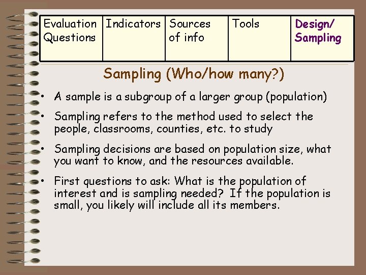Evaluation Indicators Sources Questions of info Tools Design/ Sampling (Who/how many? ) • A