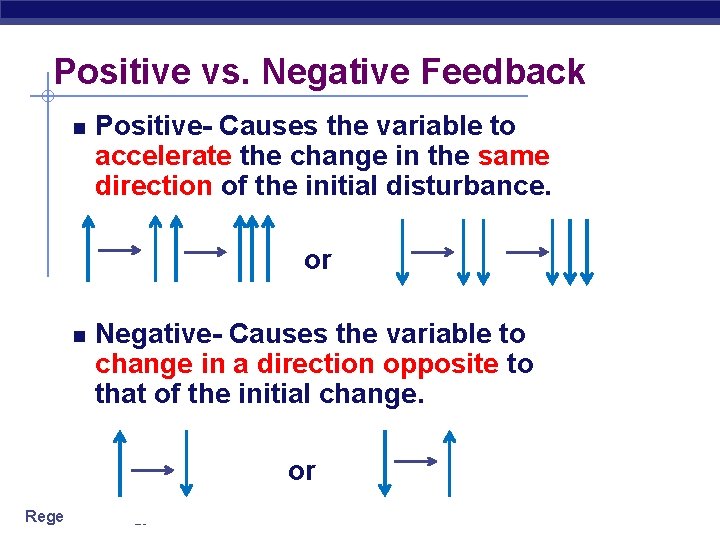 Positive vs. Negative Feedback Positive- Causes the variable to accelerate the change in the