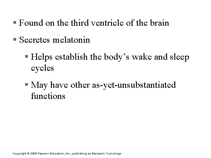Pineal Gland § Found on the third ventricle of the brain § Secretes melatonin