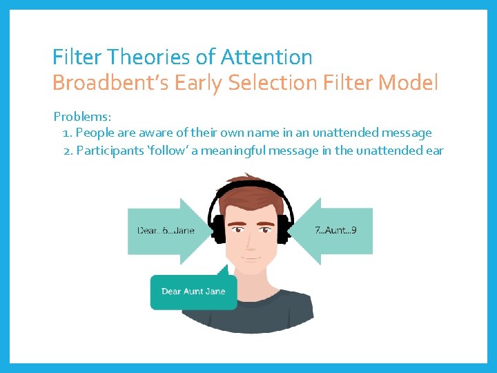 Filter Theories of Attention Broadbent’s Early Selection Filter Model Problems: 1. People are aware