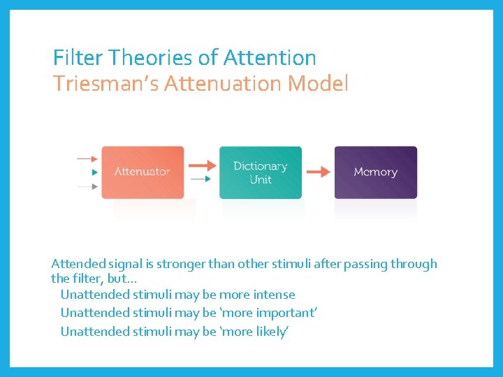 Filter Theories of Attention Triesman’s Attenuation Model Attended signal is stronger than other stimuli