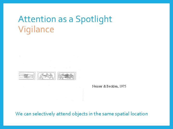 Attention as a Spotlight Vigilance Neisser & Becklen, 1975 We can selectively attend objects