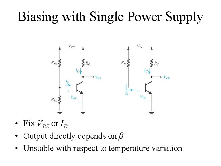 Biasing with Single Power Supply • Fix VBE or IB. • Output directly depends