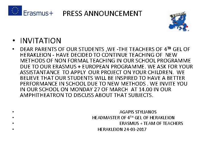PRESS ANNOUNCEMENT • INVITATION • DEAR PARENTS OF OUR STUDENTS , WE -THE TEACHERS