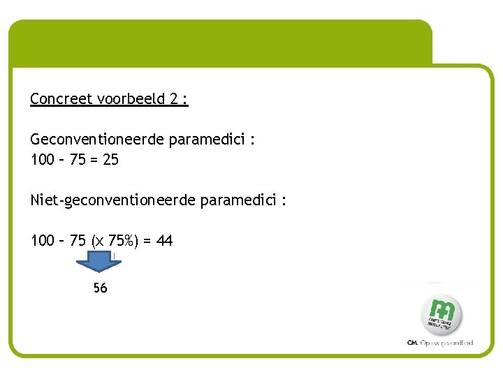 Concreet voorbeeld 2 : Geconventioneerde paramedici : 100 – 75 = 25 Niet-geconventioneerde paramedici