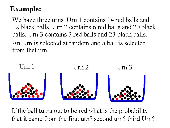 Example: We have three urns. Urn 1 contains 14 red balls and 12 black