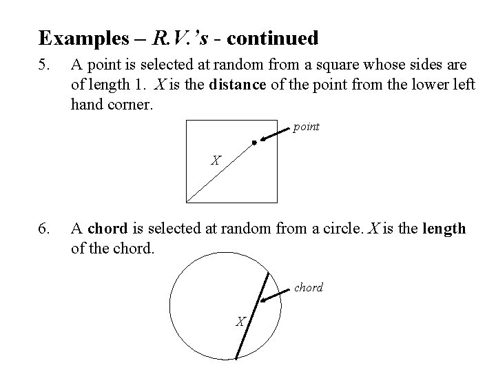Examples – R. V. ’s - continued 5. A point is selected at random