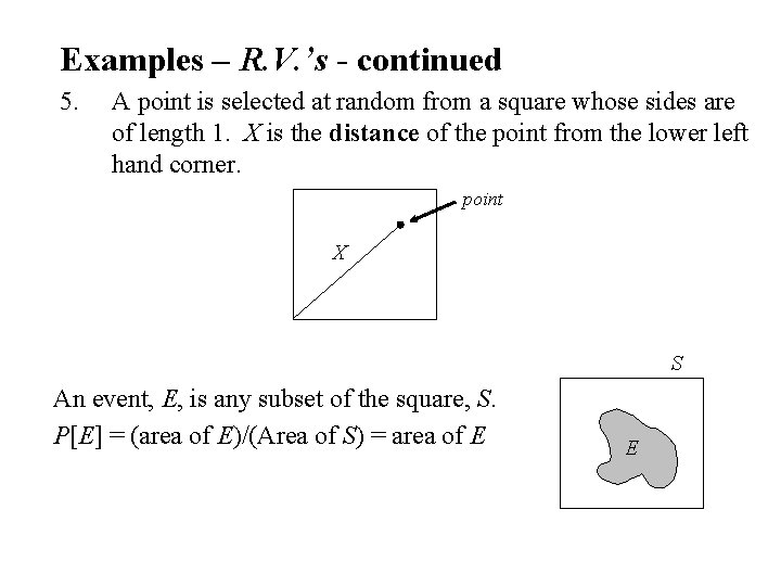 Examples – R. V. ’s - continued 5. A point is selected at random