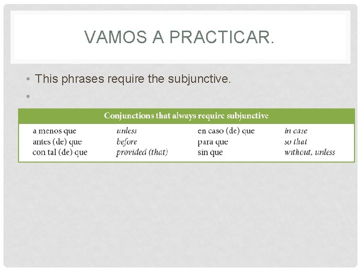 VAMOS A PRACTICAR. • This phrases require the subjunctive. • 