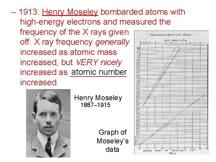 -- 1913: Henry Moseley bombarded atoms with high-energy electrons and measured the frequency of