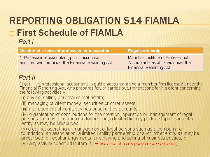 REPORTING OBLIGATION S 14 FIAMLA � First Part I Schedule of FIAMLA Member of