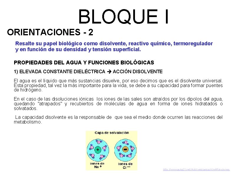BLOQUE I ORIENTACIONES - 2 Resalte su papel biológico como disolvente, reactivo químico, termoregulador