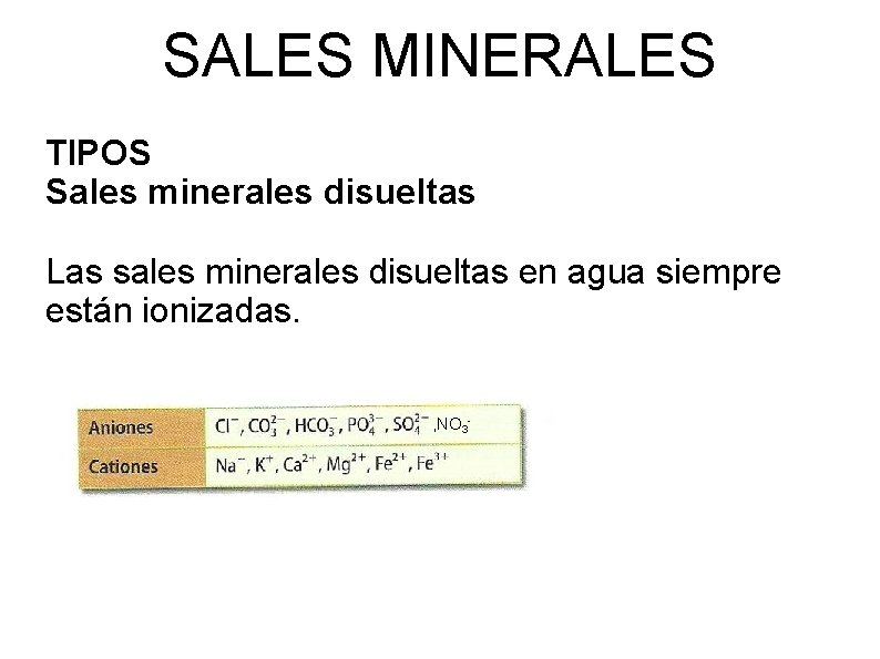 SALES MINERALES TIPOS Sales minerales disueltas Las sales minerales disueltas en agua siempre están