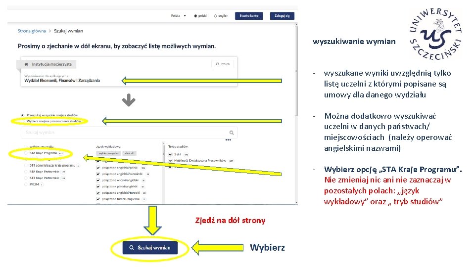 wyszukiwanie wymian - wyszukane wyniki uwzględnią tylko listę uczelni z którymi popisane są umowy