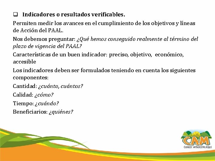 q Indicadores o resultados verificables. Permiten medir los avances en el cumplimiento de los