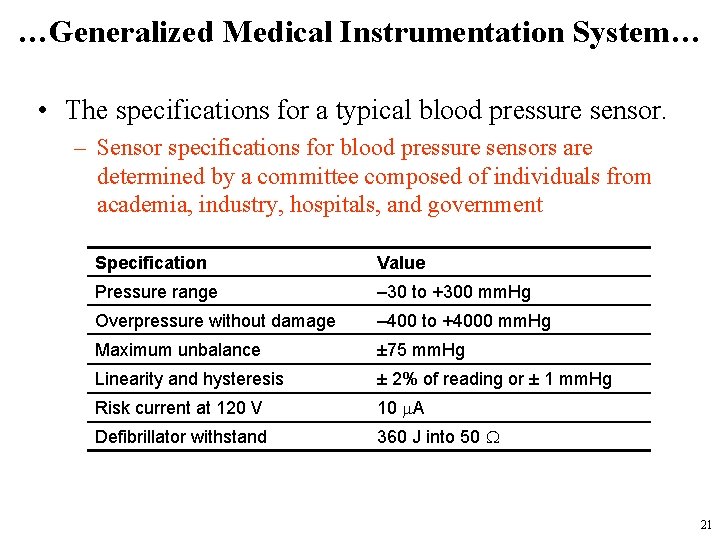 …Generalized Medical Instrumentation System… • The specifications for a typical blood pressure sensor. –