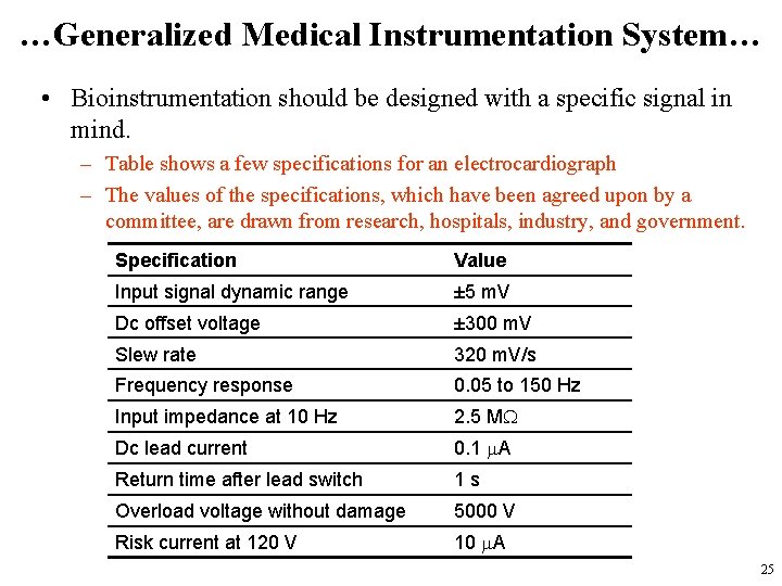 …Generalized Medical Instrumentation System… • Bioinstrumentation should be designed with a specific signal in