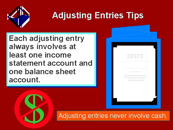 Adjusting Entries Tips Each adjusting entry always involves at least one income statement account