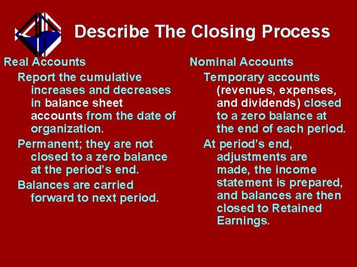 Describe The Closing Process Real Accounts Report the cumulative increases and decreases in balance
