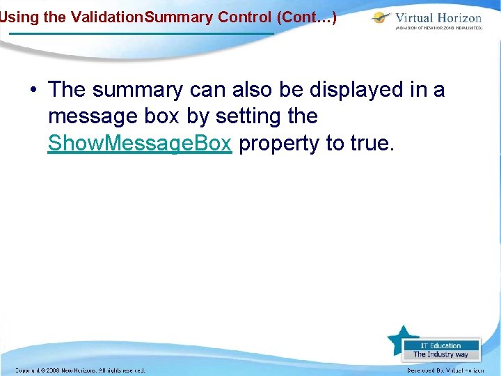 Using the Validation. Summary Control (Cont…) • The summary can also be displayed in