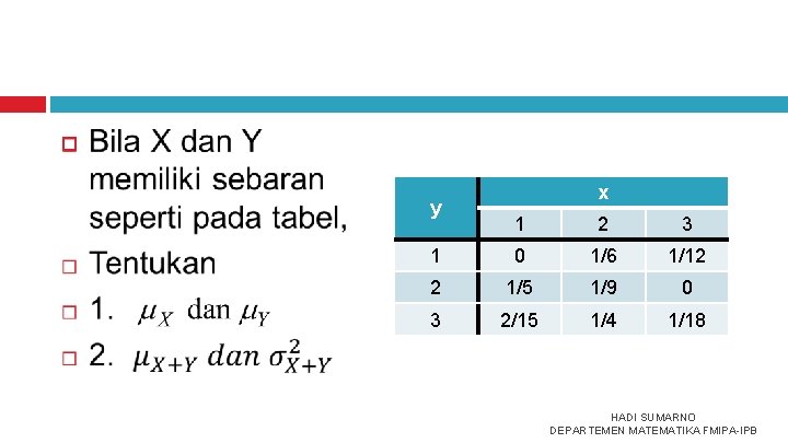  y x 1 2 3 1 0 1/6 1/12 2 1/5 1/9 0