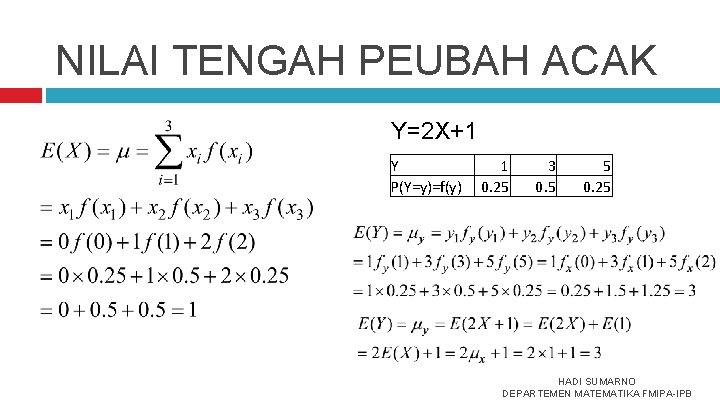 NILAI TENGAH PEUBAH ACAK Y=2 X+1 Y P(Y=y)=f(y) 1 0. 25 3 0. 5