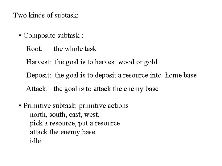 Two kinds of subtask: • Composite subtask : Root: the whole task Harvest: the
