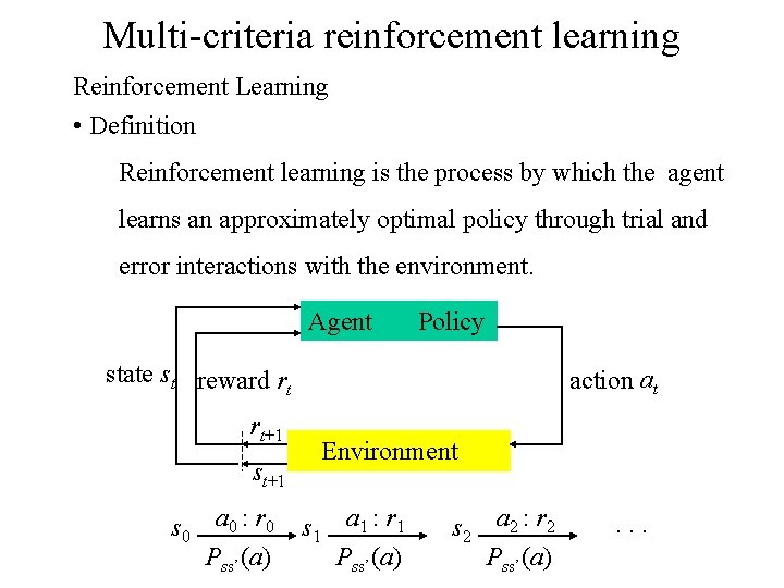 Multi-criteria reinforcement learning Reinforcement Learning • Definition Reinforcement learning is the process by which
