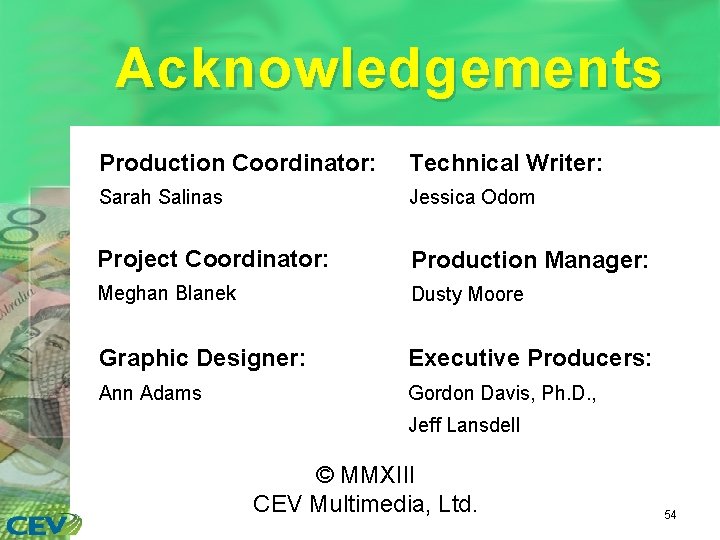 Acknowledgements Production Coordinator: Technical Writer: Sarah Salinas Jessica Odom Project Coordinator: Production Manager: Meghan