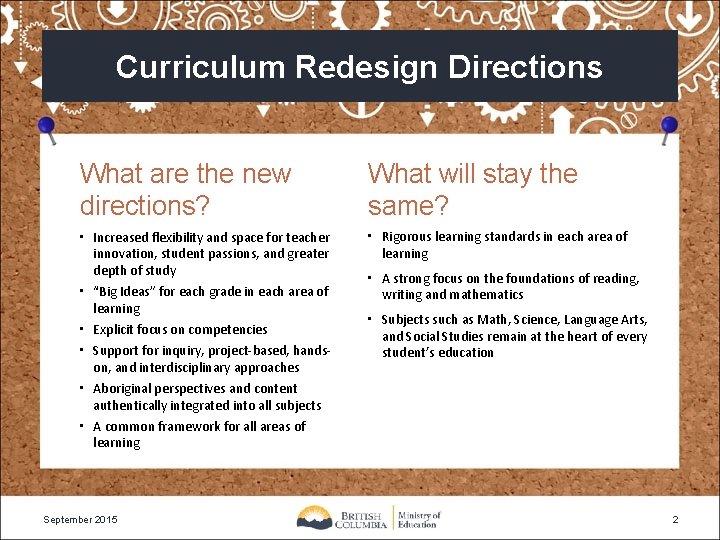 Curriculum Redesign Directions What are the new directions? What will stay the same? •