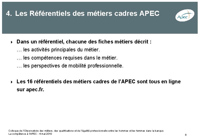 4. Les Référentiels des métiers cadres APEC 4 Dans un référentiel, chacune des fiches