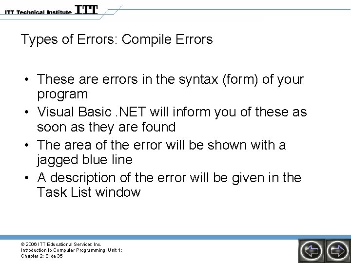 Types of Errors: Compile Errors • These are errors in the syntax (form) of Types of Errors: Compile Errors • These are errors in the syntax (form) of