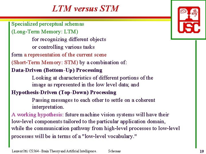 LTM versus STM Specialized perceptual schemas (Long-Term Memory: LTM) for recognizing different objects or