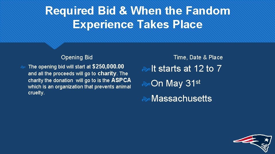 Required Bid & When the Fandom Experience Takes Place Opening Bid The opening bid