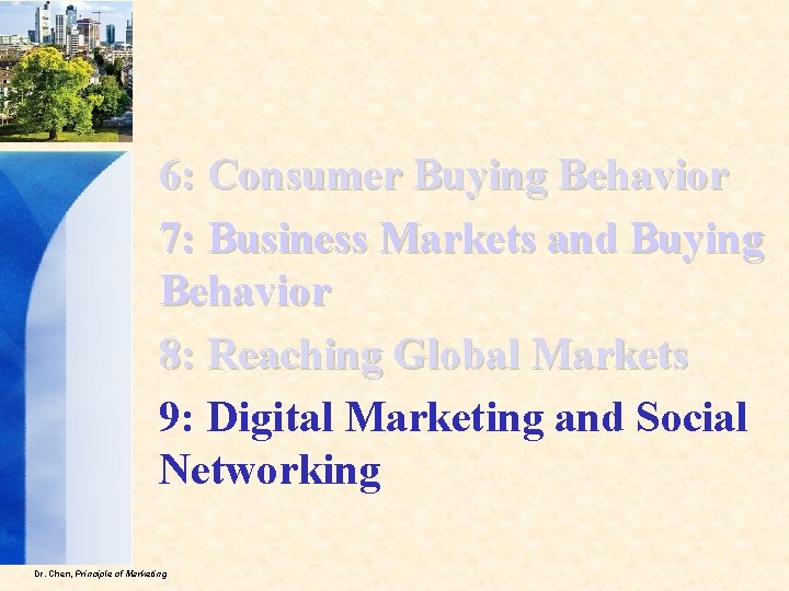 6: Consumer Buying Behavior 7: Business Markets and Buying Behavior 8: Reaching Global Markets